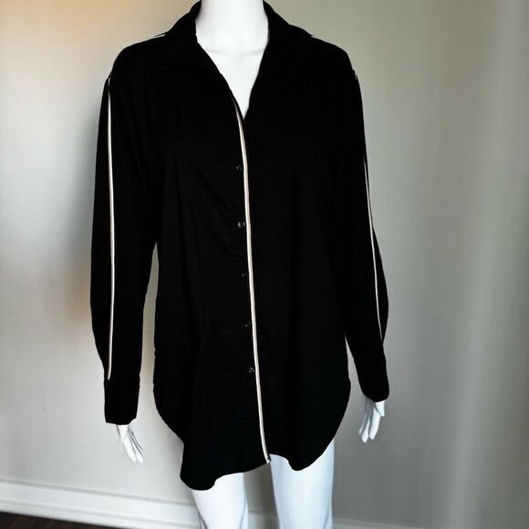 Ellen Tracy Tape Trim Poplin Oversized Black Blouse Size S - Picture 3 of 9